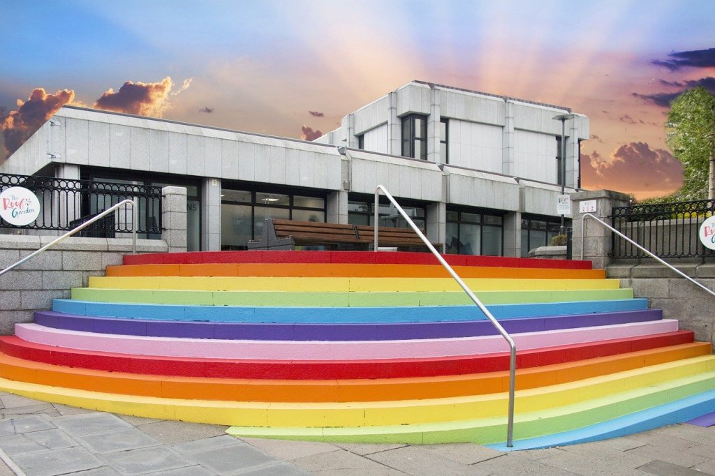 steps at Aberdeen Bon Accord Centre painted in rainbow colours