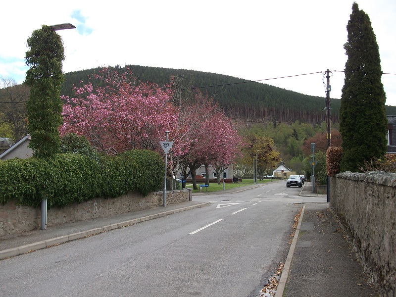 A street in Ballater overlooked by a mountain