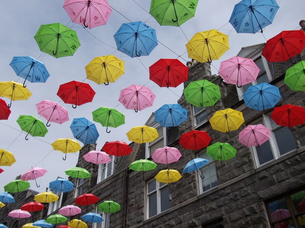 colourful umbrellas suspended above Bon Accord Terrace 