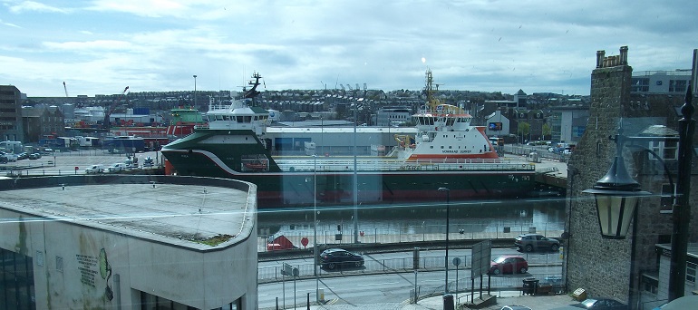view of Aberdeen Harbour, showing a large ship at dock