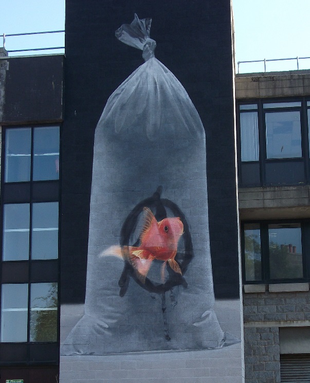 street art showing a goldfish in a plastic bag