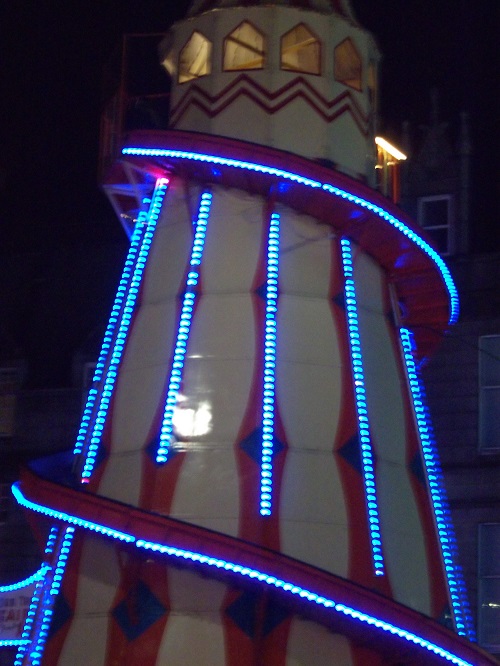 A lit up tower