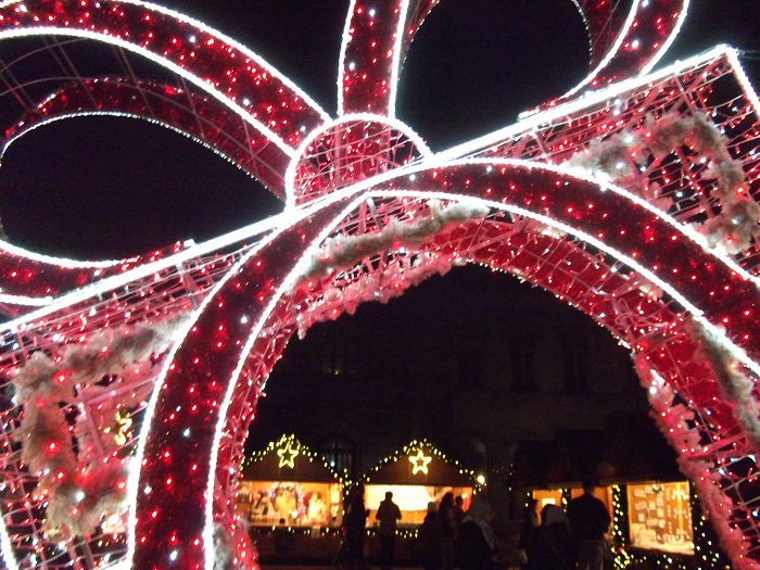 A giant red bow in bright light