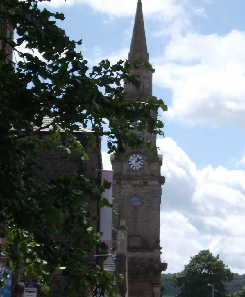 a church spire seen behind tree branches