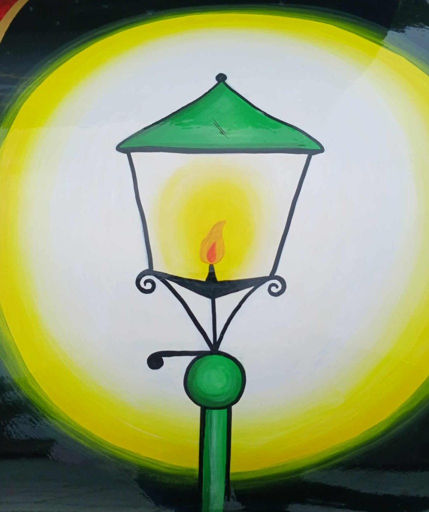 a painting of a candle lit streetlight with a halo of white and yellow around it