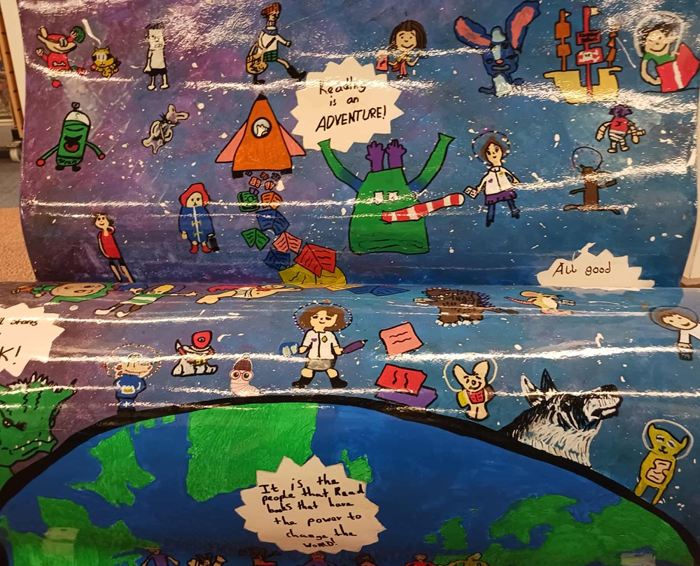 Children and animals in a blue sky with the top of a blue and green planet below