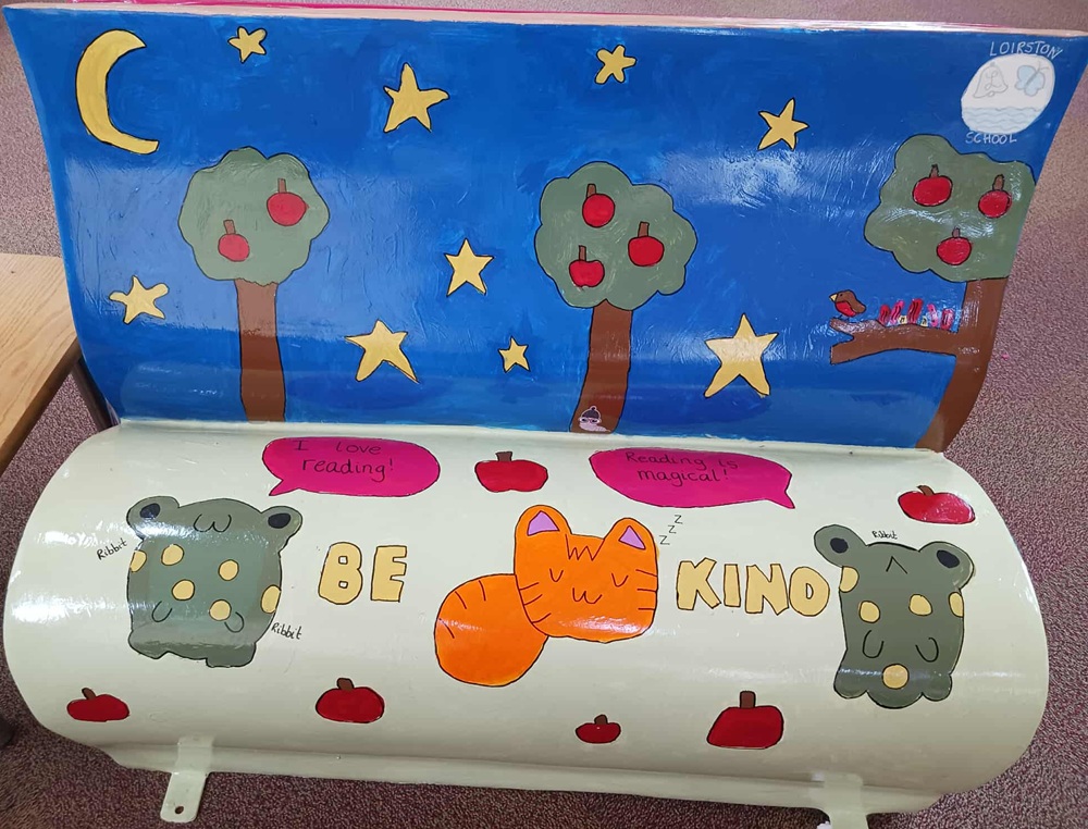 Cats and grey animals on a white background under trees and a blue sky with stars and a moon