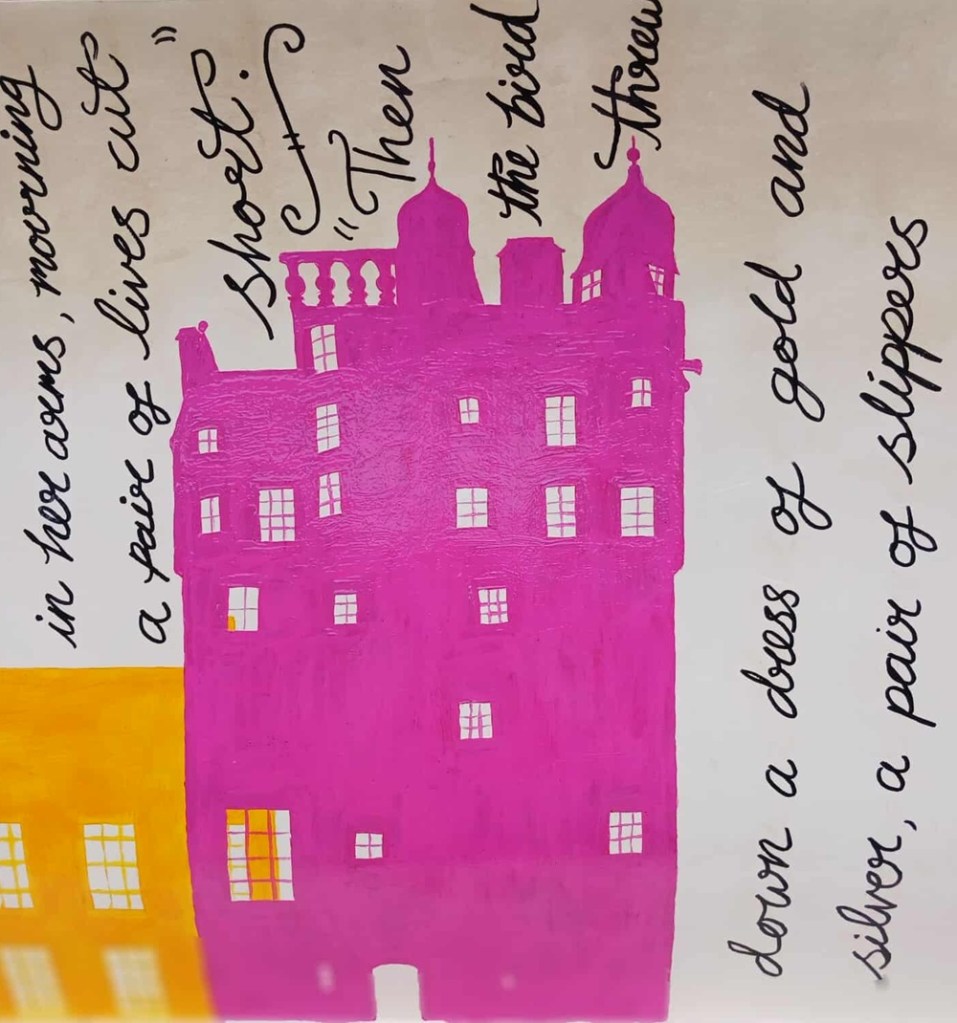 a pink castle with turrets and balustrades