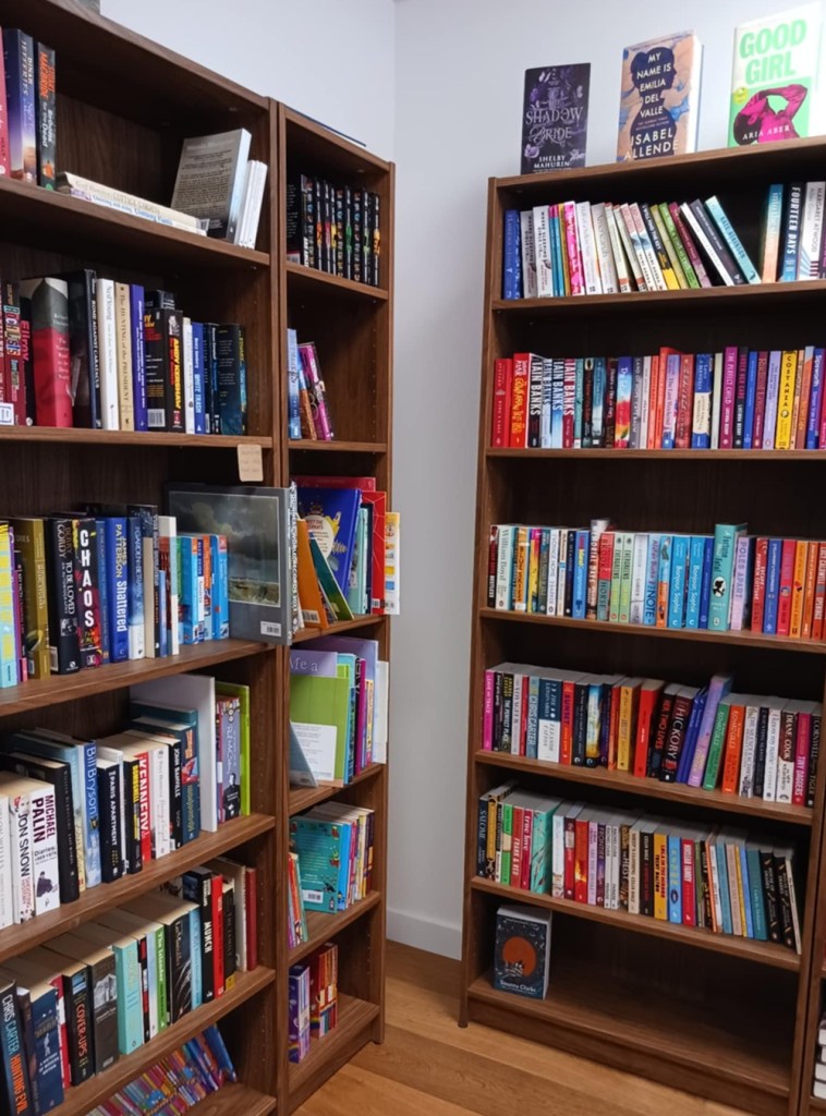 Two brown bookcases of colourful books face each other in a corner