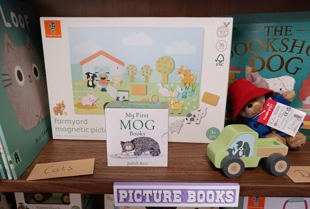 Picture books on a wooden shelf, including My First Mog Books  a picture of a tabby cat on its cover