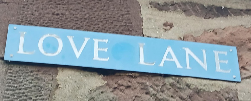 A blue sign on a wall which reads Love Lane