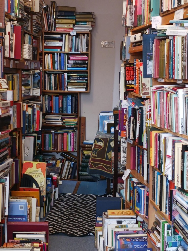 towering shelves of multicoloured books