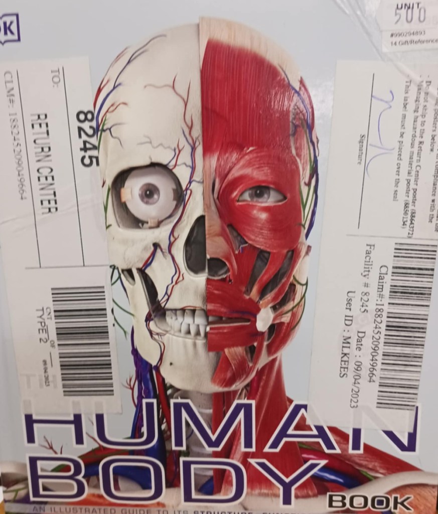 A book cover with a human skull with one side bone and one side pink skin